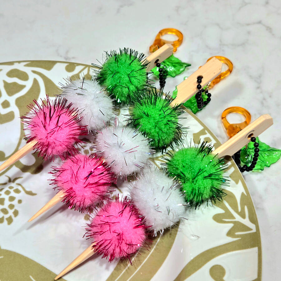 Fluffy Dango Keychains- Pompoms, contact cement, drilled bamboo toothpicks, & findings, sourced and assembled in-house